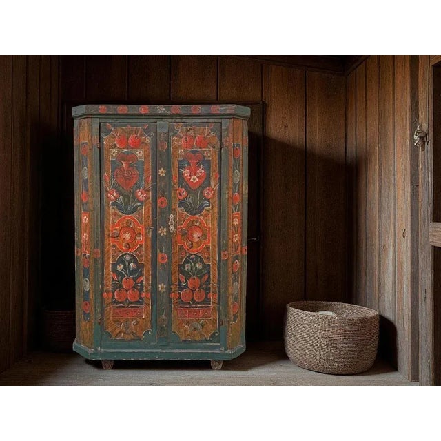 Antique Blue Floral Painted Cabinet in Fir, 1800s For Sale - Image 11 of 18