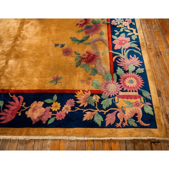 1920s Antique Warm Gold Ground Floral Modern Knotted Chinese Art Deco Carpet Rug For Sale In New York - Image 6 of 9