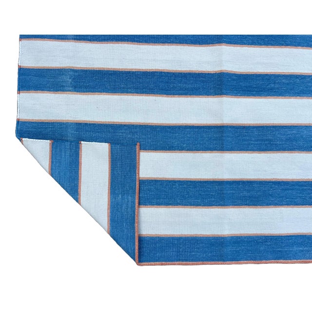 Casa Cosima Handmade Cotton Striped Rug, Blue, White and Orange Striped Dhurrie - 10'x14' For Sale - Image 4 of 10