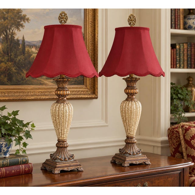 Hollywood Regency Late 20th Century Neoclassical Cream Crackle Urn Lamps With Deep Red Bell Shades - Pair For Sale - Image 3 of 6