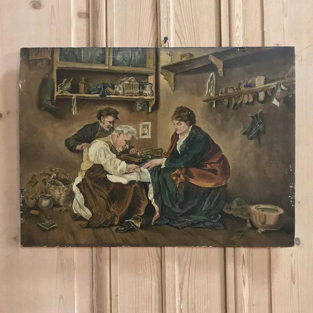 Realism Antique Oil Painting on Board of Shoemaker at Work For Sale - Image 3 of 12