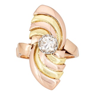 Vintage Retro Diamond Ring Two Tone 18k Rose Yellow Gold Sz 5.5 Navette Cocktail For Sale