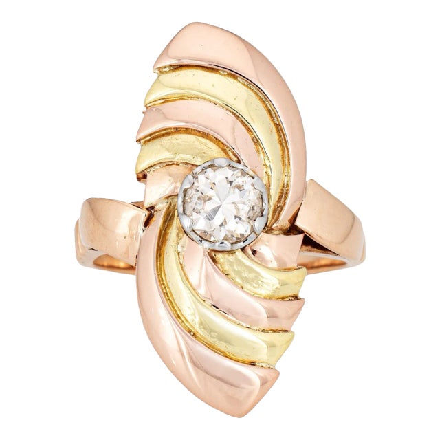 Vintage Retro Diamond Ring Two Tone 18k Rose Yellow Gold Sz 5.5 Navette Cocktail For Sale