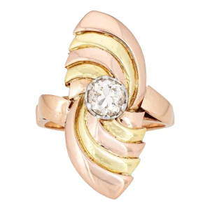 Vintage Retro Diamond Ring Two Tone 18k Rose Yellow Gold Sz 5.5 Navette Cocktail