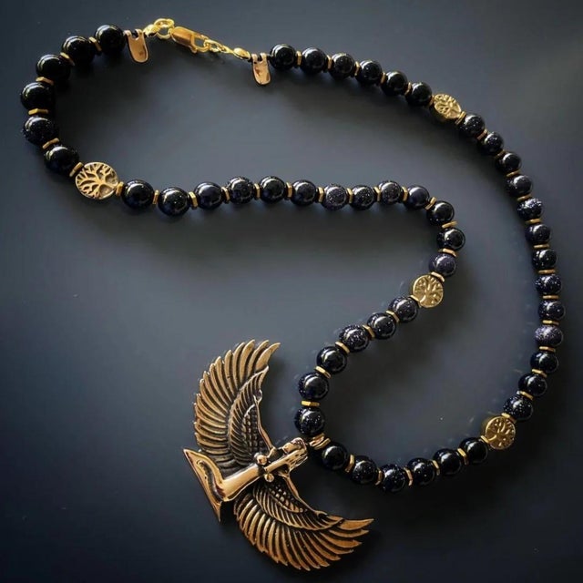 Magical Goddess Isis Pendant Black Beaded Necklace For Sale - Image 10 of 11
