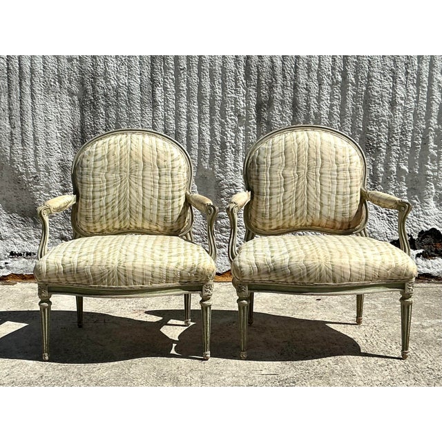 French Country Vintage Regency Swag Print Fauteuil - A Pair For Sale - Image 3 of 12