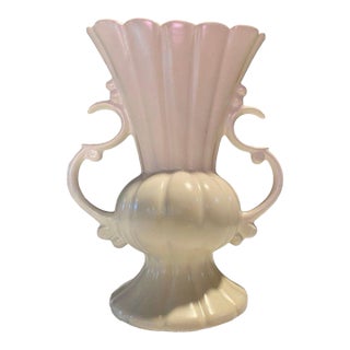 Vintage Rococo Revival Ceramic Vase Scroll Handles Bulbous Midsection 14"h For Sale