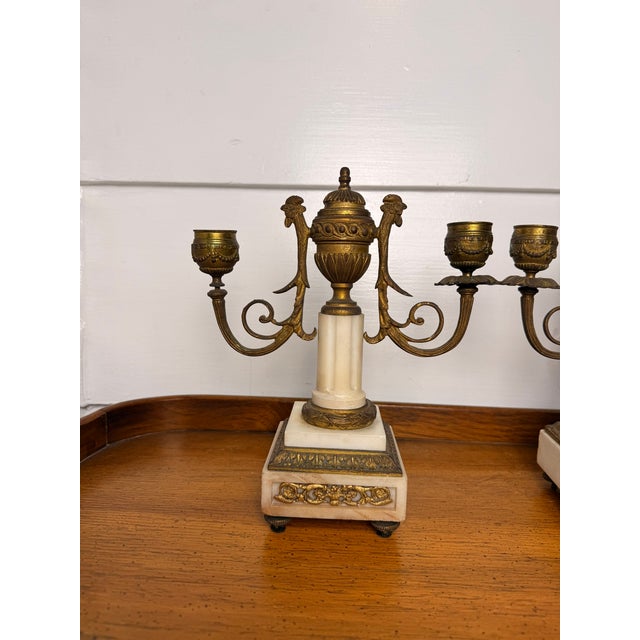 1900 - 1909 Pair of French Empire Style 19 Century Pair of Marble & Gilt Bronze Candle Sticks With Rooster Heads For Sale - Image 5 of 13