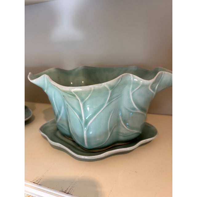 Celadon Set of 3 Vintage Chinese Longquan Celadon Cabbage Leaf Planters With Underplates For Sale - Image 8 of 14