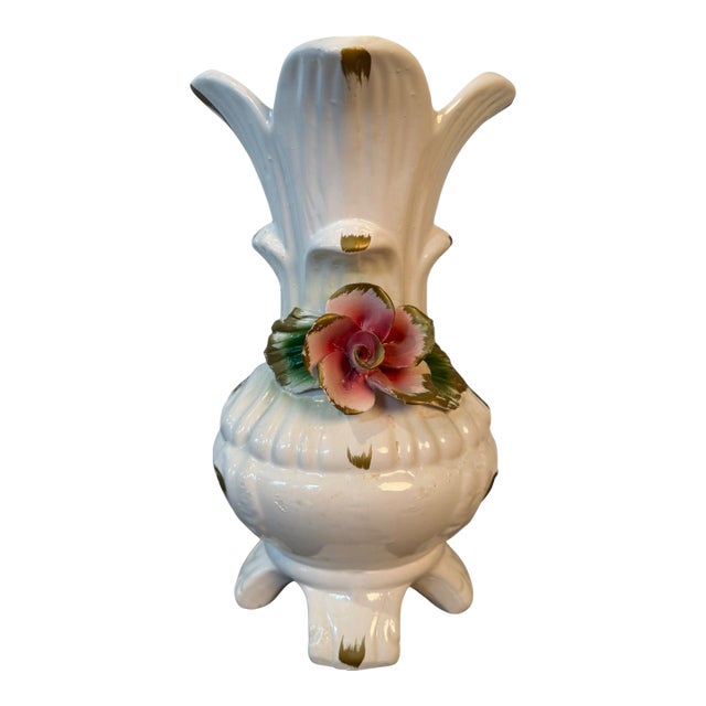 Vintage Capodimonte Trumpet Vase, Made in Italy, Floral & Gilt Detail For Sale