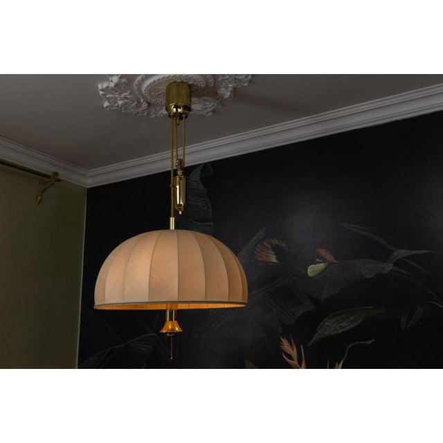 Large Brass and Fabric Lampshade Five-Light Adjustable Height Pendant Lamp, 1980s For Sale - Image 9 of 18