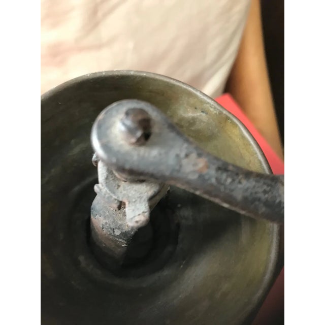 French Provincial VIntage Early 1900's European Antique Wood and Brass Coffee Grinder For Sale - Image 3 of 4