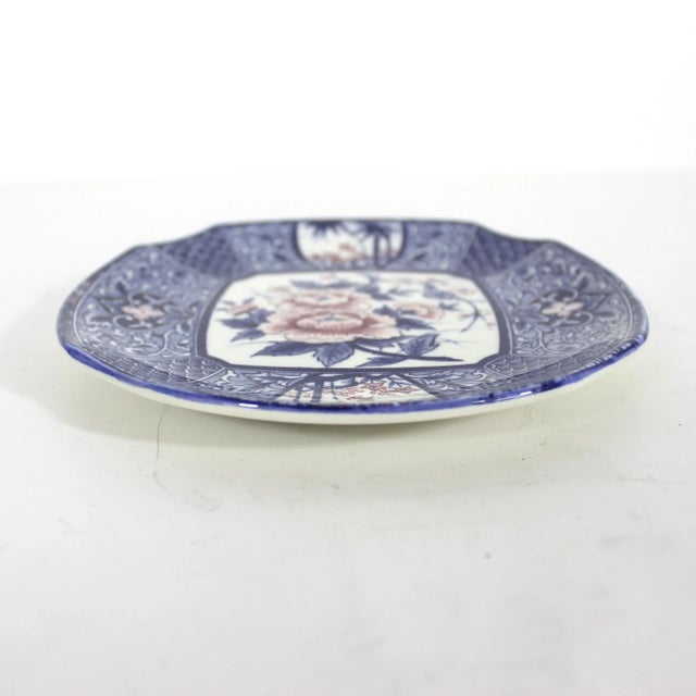 Japanese Vintage Genuine Imperial Imari Small Ornamental Plate Japan Japanese Blue White Pink Scalloped Edge For Sale - Image 3 of 6