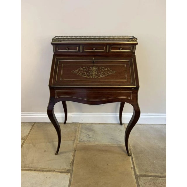 Antique French Victorian Rosewood & Brass Inlaid Bureau, 1860 For Sale - Image 3 of 8
