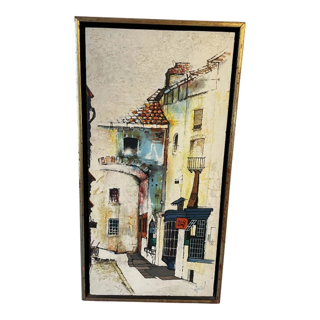 Vintage Mid-Century Oil Painting by w.t. Carlsen - Cityscape in Cream, Red & Blue With Gold-Tone Frame For Sale
