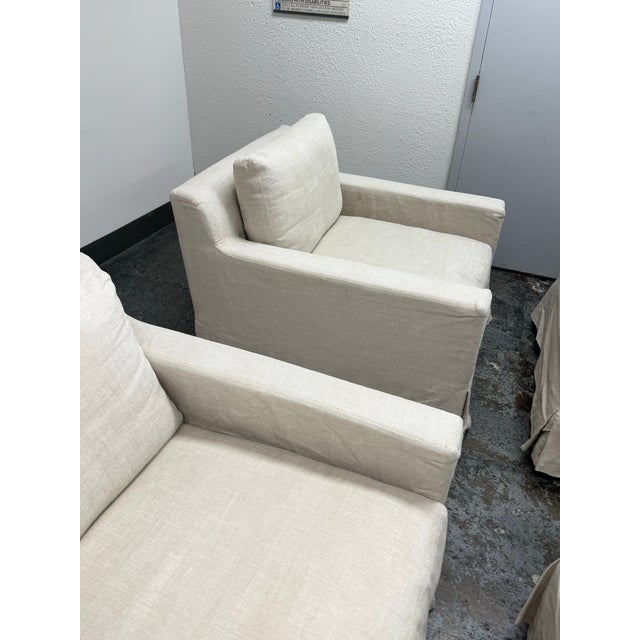 Restoration Hardware Slipcover Belgian Linen Shelter Armchairs + Ottomans, Set For Sale - Image 9 of 12