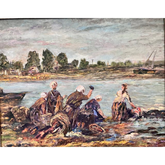 Vintage Framed Original Impressionist Painting of Women at the River For Sale - Image 9 of 13