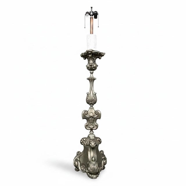 Pair Antique Solid Pewter Baroque Style Candlestick Floor Lamps For Sale In Baton Rouge - Image 6 of 12