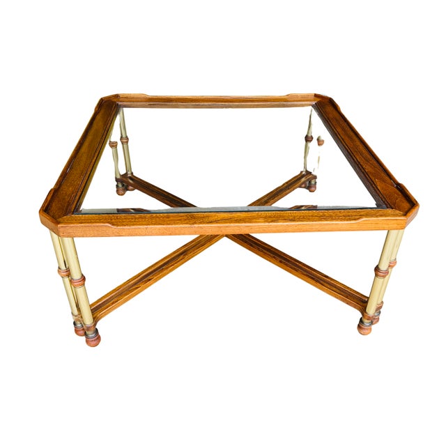 Chinoiserie Vintage Faux Bamboo Brass & Glass Coffee Table | Hollywood Regency Chinoiserie Cocktail Table | Campaign Style Designer Square Coffee Table For Sale - Image 3 of 13