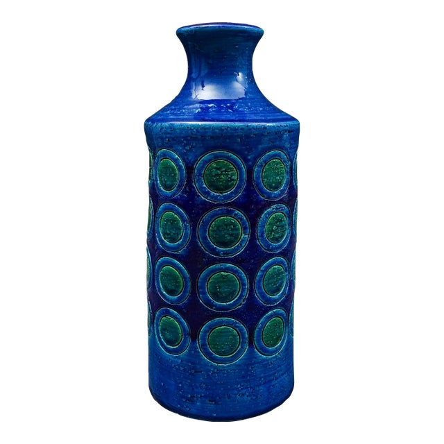 Mid 20th Century Bitossi Italy Aldo Londi Rimini Blue Glazed Circles Art Pottery Vase For Sale