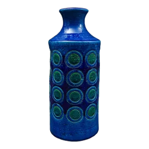Mid 20th Century Bitossi Italy Aldo Londi Rimini Blue Glazed Circles Art Pottery Vase