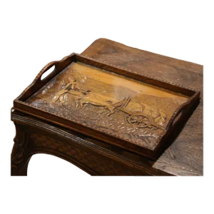 Early 20th Century French Art Populaire Carved Walnut Tray Table With Glass Top