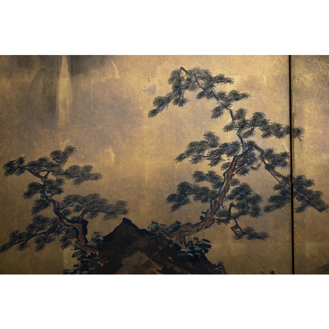 Goldenrod C. 1960s Shōwa Era Japanese Monochrome Byobu Screen "Landscape With Mountains" For Sale - Image 8 of 18