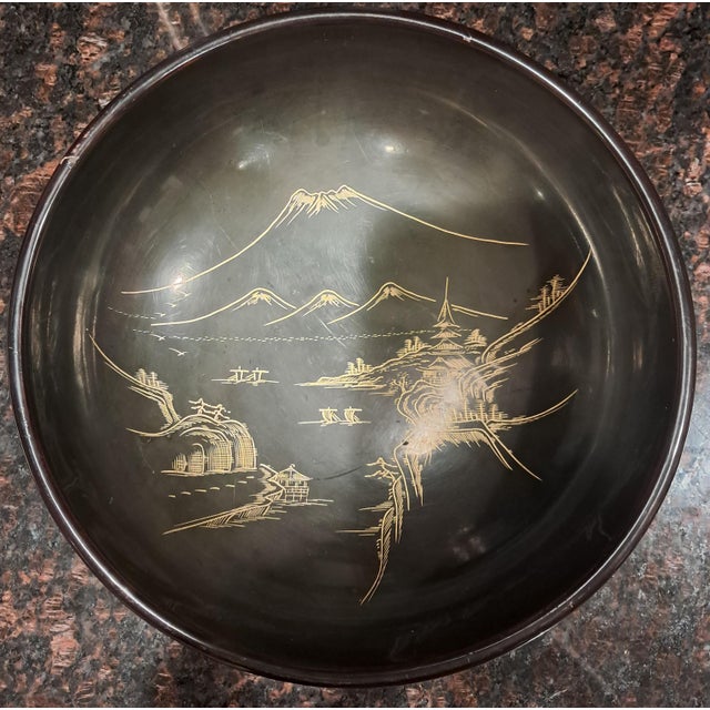 Vintage 1940s Japanese Black Lacquer Bowl With Painted Brass Inlay For Sale - Image 15 of 16