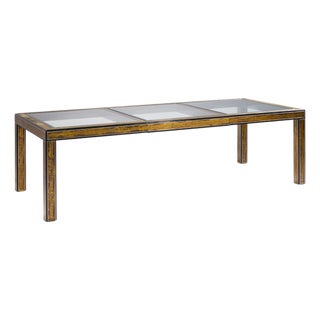 Bernhard Rohne for Mastercraft Mid Century Lacquered Etched Brass Panel Expanding Dining Table With 1 Leaf For Sale