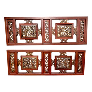 Pair of Chinese Gilt & Lacquered Openwork Figural Architectural Panels, 20th C. For Sale