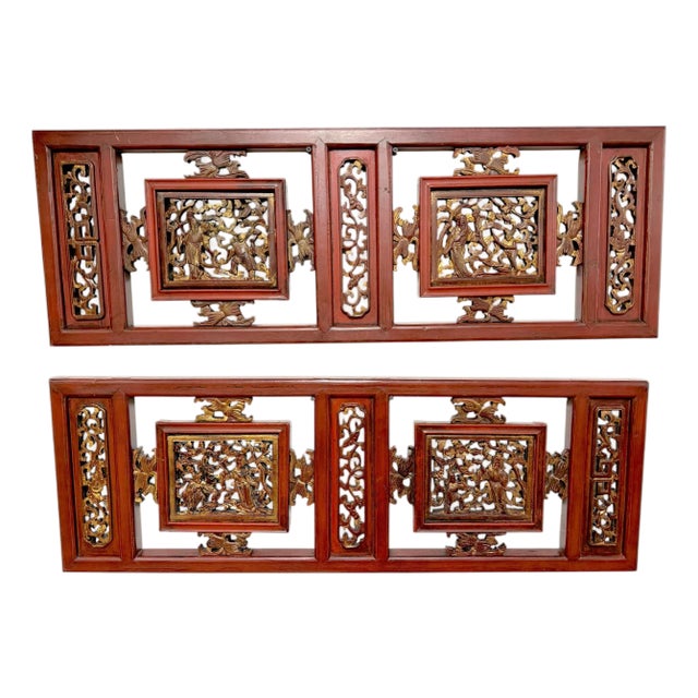 Pair of Chinese Gilt & Lacquered Openwork Figural Architectural Panels, 20th C. For Sale