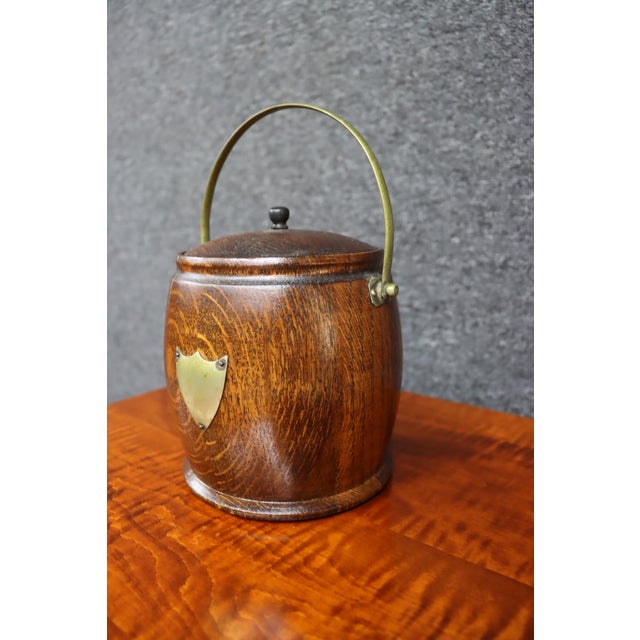 Antique English Oak Biscuit Barrel With Porcelain Liner For Sale - Image 4 of 10