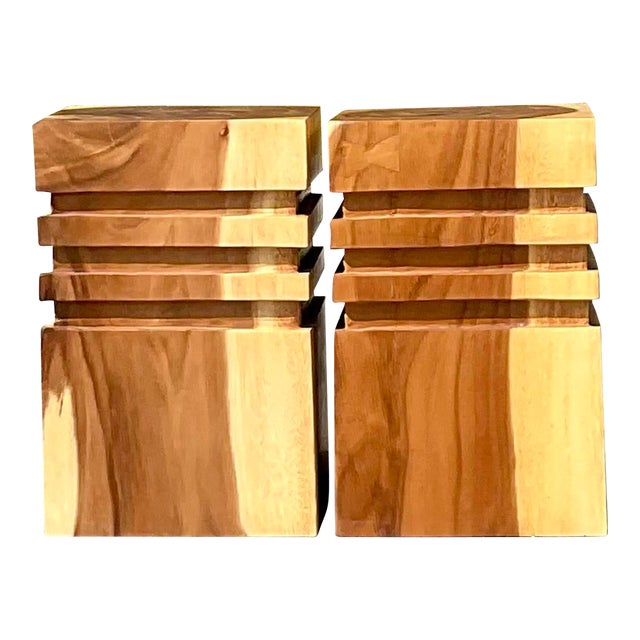 Vintage Boho Banded Wood Low Stools - a Pair For Sale