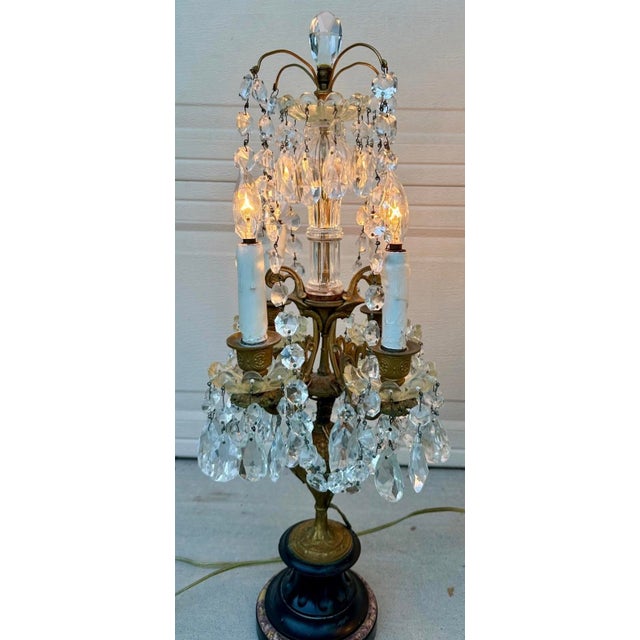 Metal French Antique Girandole Candelabra Crystal Chandelier Table Lamps - a Pair For Sale - Image 7 of 18