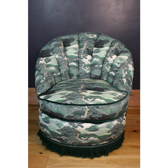 Forest Green Vintage Fluted Back Chair in Japanese-Inspired Upholstery, 1960s For Sale - Image 8 of 12