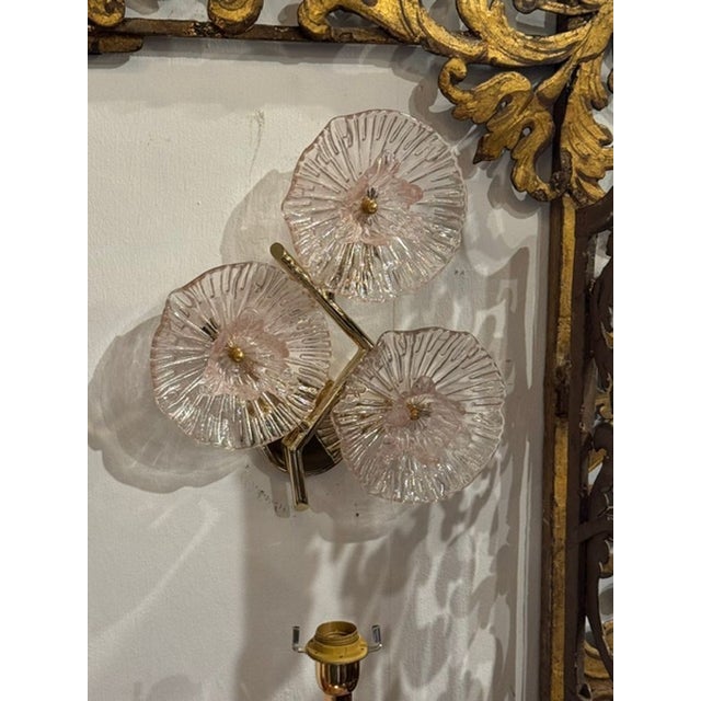 Pair of Murano Pink Flower Wall Sconces For Sale - Image 4 of 8