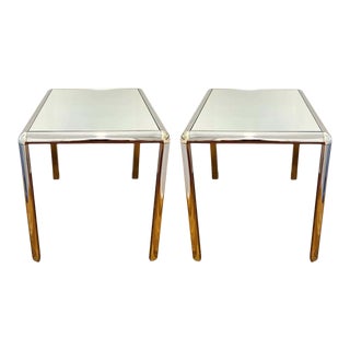 Pair of Hollywood Regency Chrome Side Tables With Mirrored Tops, C. 1970's For Sale