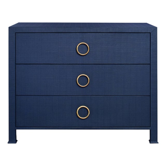 Matthew Izzo Home Getty Navy Linen Three Drawer Chest With Antique Brass Circle Hardware For Sale