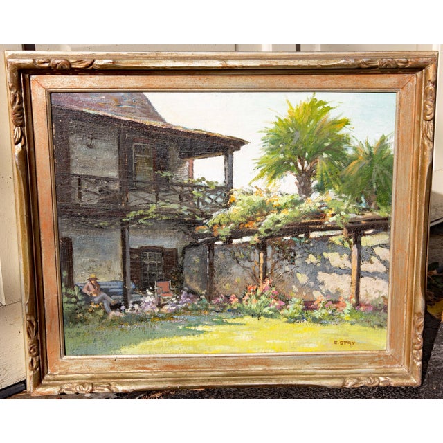 Early Florida painting "Spanish Garden" St. Augustine Florida. Painted by Eric Stry. Oil on canvas board. Original carved...