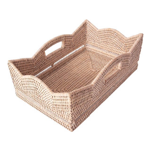 Artifacts Rattan Rectangular Scalloped Shelf Basket - White Wash For Sale