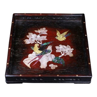 Late 20th Century Square Wooden Tray With Mother-of-Pearl Bird and Pomegranate Inlay For Sale