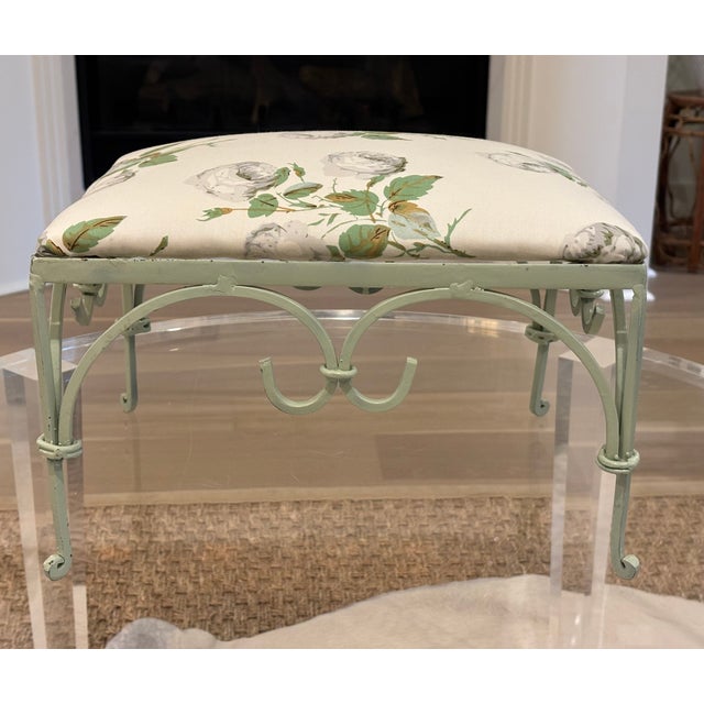 Vintage Iron Foot Stool With Colefax and Fowler “Bowood” Cotton Chintz Upholstered Cushion For Sale - Image 11 of 17