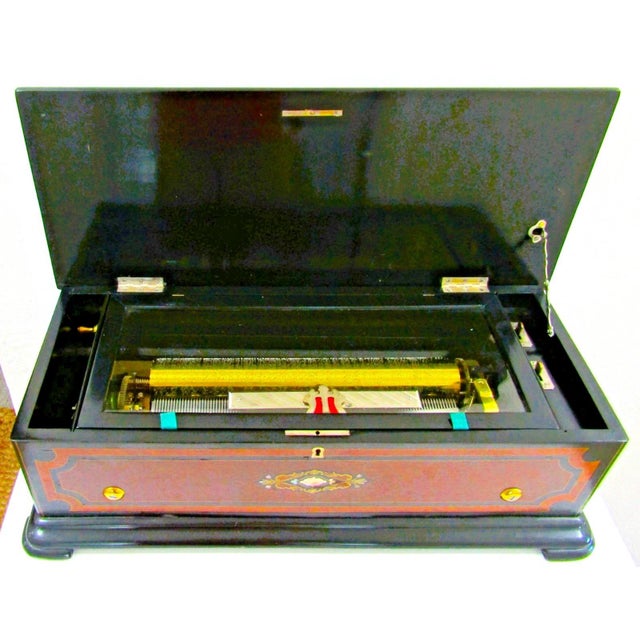 Wood Swiss Ebonized Wood Trim Burl Walnut and Maple Inlaid Music Cylinder Box 1890s For Sale - Image 7 of 17