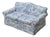 Antique Blue & White Toile De Jouy Camel Back Loveseat Rolled Arms Pleated Skirt For Sale