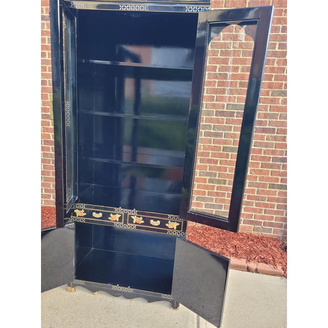 1960s Vintage Asian Black Lacquer Mother-of-Pearl Inlaid Two-Piece China/Display Cabinet For Sale - Image 5 of 7