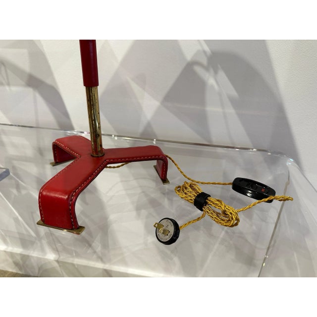 Vintage Jacques Adnet Style Red Stitched Leather Table Lamps, 1950's France - a Pair For Sale In Miami - Image 6 of 12
