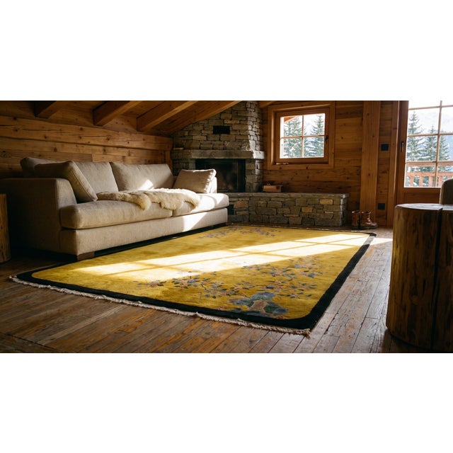 1920s Yellow Gold Open Field Floral Antique Chinese Art Deco Carpet 5'10" X 8'8" by Nichols Atelier Wool Rug For Sale - Image 11 of 12