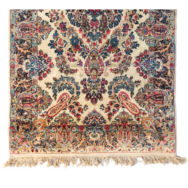 Persian Antique Vintage Persian Ivory Floral Kirman Small Rug, C. 1930s 3.10 X 7 Ft For Sale - Image 3 of 4
