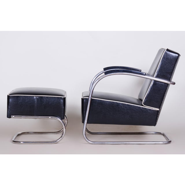 Bauhaus Armchair with Stool in Chrome attributed to Mücke-Melder, Czech, 1930s, Set of 2 For Sale - Image 4 of 12