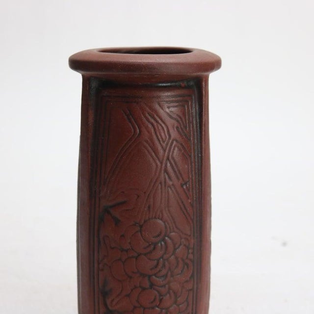 Arts & Crafts Antique Arts & Crafts Embossed Paneled Grape & Leaf Redware Pottery Vase C1920 For Sale - Image 3 of 9